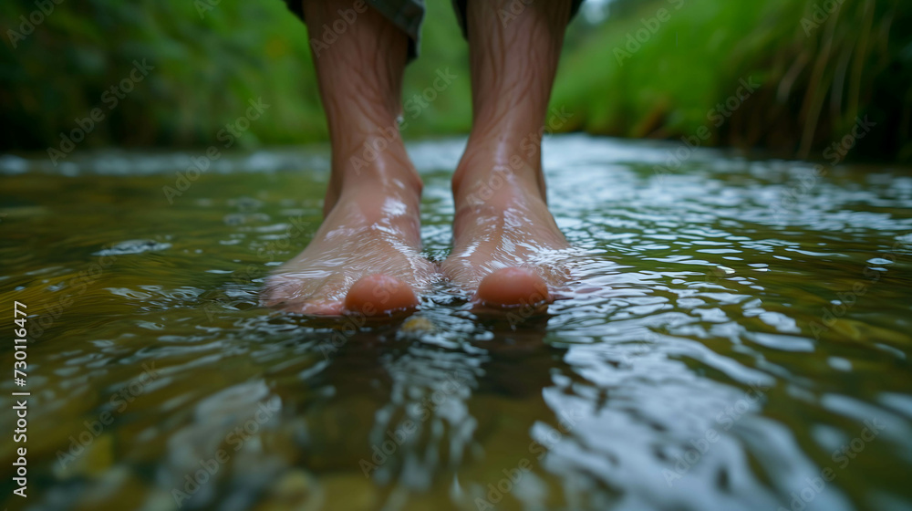 Fototapeta premium Feet dipping in the stream, relax time, therapy and reduce stress in living and investing and doing business
