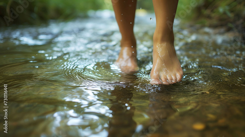 Feet dipping in the stream, relax time, therapy and reduce stress in living and investing and doing business