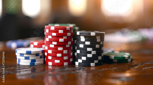 gambling or investing on stock and currency market concept, poker chip placed on the table in stock market background