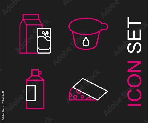 Set line Cheese, Whipped cream in bottle, Yogurt container and Paper package for kefir icon. Vector