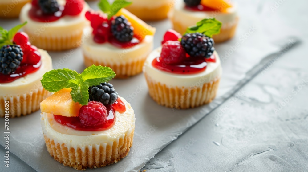 A charming display of mini cheesecakes topped with assorted fruit compotes and mint leaves