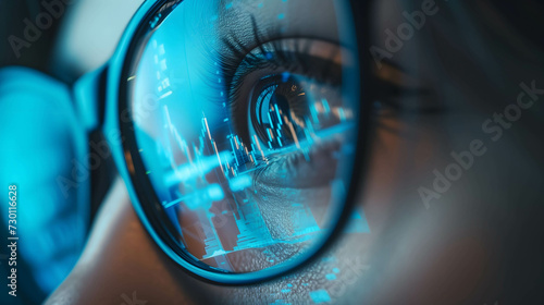 close up eye with glasses, stock chart reflective glasses, programmer or investor trading or use AI to help with work in office
