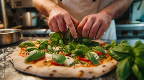 A chef's hands artfully arranging fresh basil leaves on a Caprese pizza