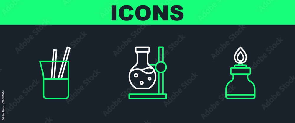 Set line Alcohol or spirit burner, Laboratory glassware and Test tube flask on stand icon. Vector Set line Alcohol or spirit burner, Laboratory glassware and Test tube flask on stand icon. Vector