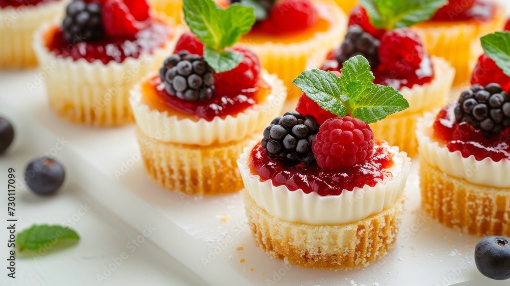 A charming display of mini cheesecakes topped with assorted fruit compotes and mint leaves A charming display of mini cheesecakes topped with assorted fruit compotes and mint leaves