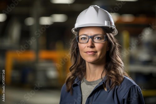 Female engineer wearing a hard hat and glasses in an industrial setting.