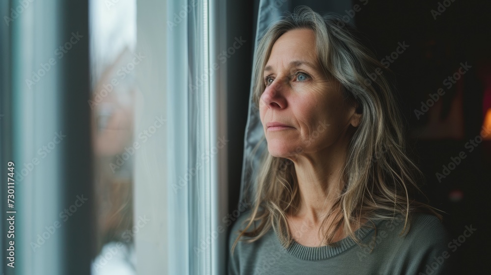 A thoughtful middle-aged woman looks out the window A thoughtful middle-aged woman looks out the window