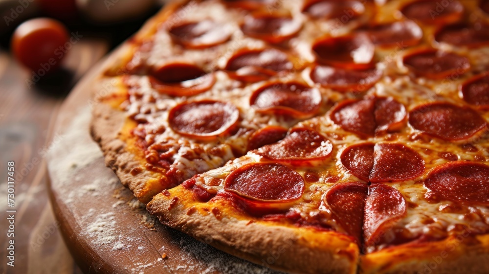 A classic pepperoni pizza, perfectly sliced and ready to be enjoyed. A classic pepperoni pizza, perfectly sliced and ready to be enjoyed.