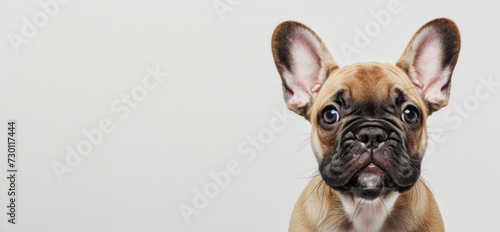 A small brown and white French bulldog puppy with big ears stands gracefully, capturing attention with its adorable appearance, copy space  © 18042011