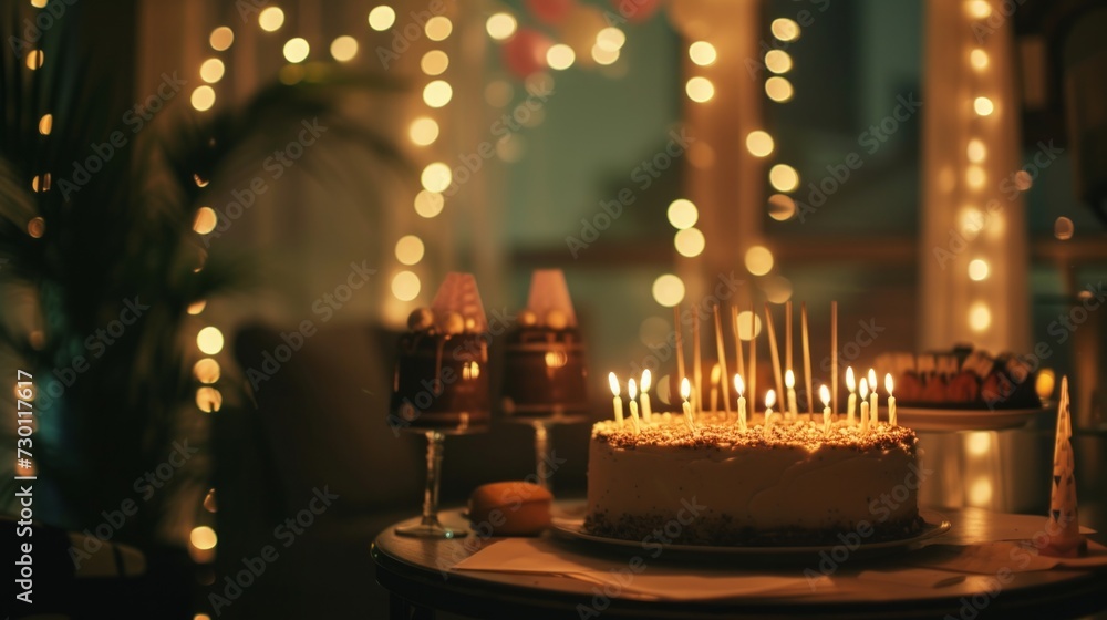 Obraz premium A cozy indoor birthday celebration with warm lighting and homemade decorations