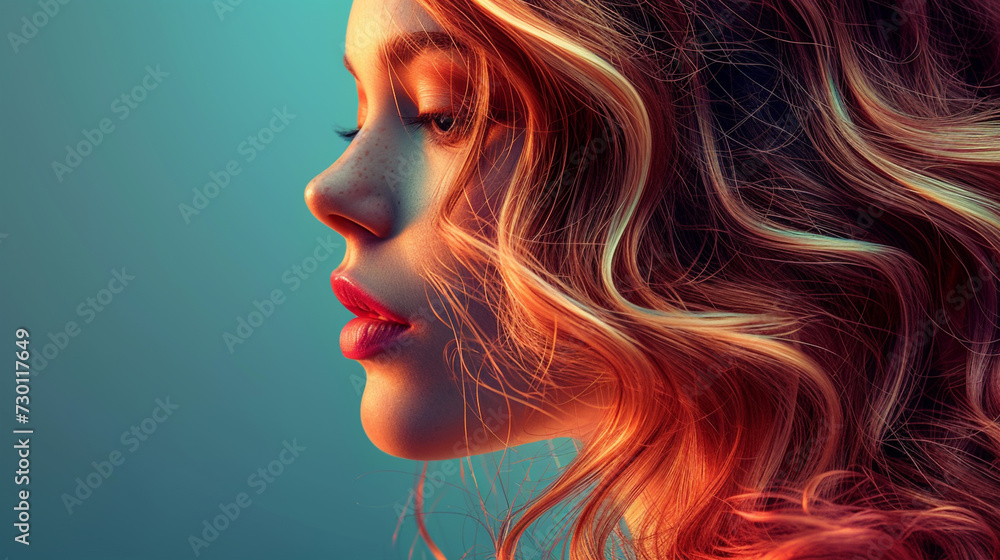 Side view close up portrait of a young woman with perfect face and perfect long shiny, curly hair. Beauty industry visual. Side view close up portrait of a young woman with perfect face and perfect long shiny, curly hair. Beauty industry visual.