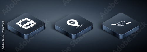 Set Isometric Ship porthole with seascape, Pirate eye patch and Location pirate icon. Vector