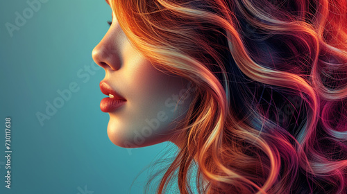 Side view close up portrait of a young woman with perfect face and perfect long shiny, curly hair. Beauty industry visual.