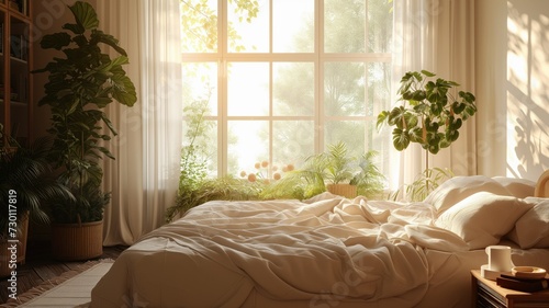 warmly lit bedroom filled with plants and morning sunlight streaming through the window, illuminating a bed with crumpled sheets and pillows