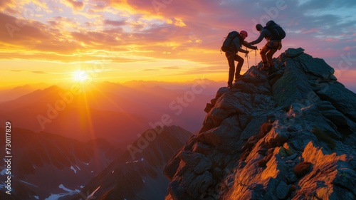 Climbers at sunrise. Two climbers help each other on a steep ascent