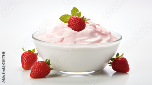 Bowl of strawberry yogurt isolated on white background