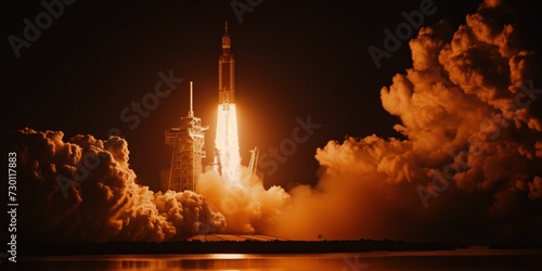 night image of a space rocket launch. The rocket is in the midst of a powerful ascent, with bright flames and smoke trailing behind it.