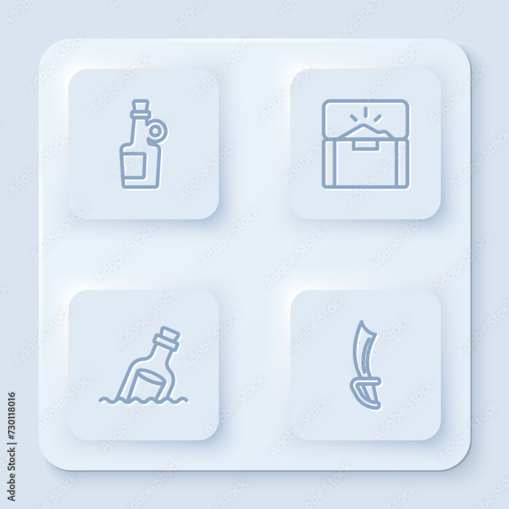 Set line Alcohol drink Rum, Antique treasure chest, Bottle with message water and Pirate sword. White square button. Vector Set line Alcohol drink Rum, Antique treasure chest, Bottle with message water and Pirate sword. White square button. Vector