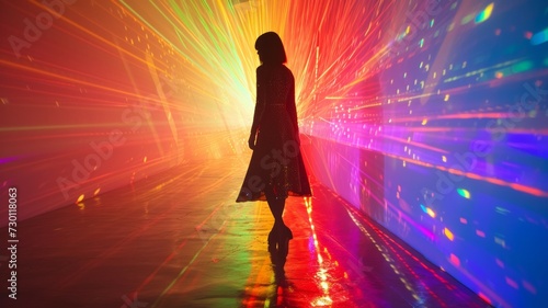 silhouette woman in front of rainbow colors background