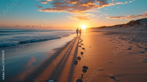 A couple strolling hand in hand along a tranquil beach at sunset, leaving footprints in the sand photo