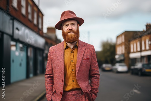 Portrait of a red-bearded man in a hat on a city street.