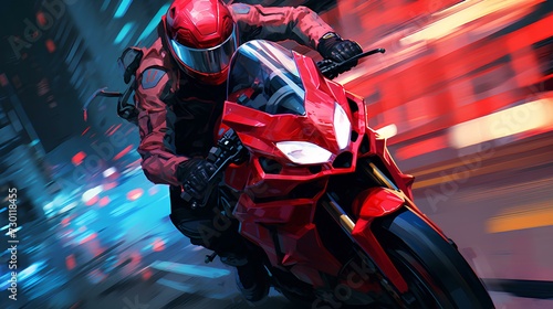 A red suit man on a red motorcycle with speed photo