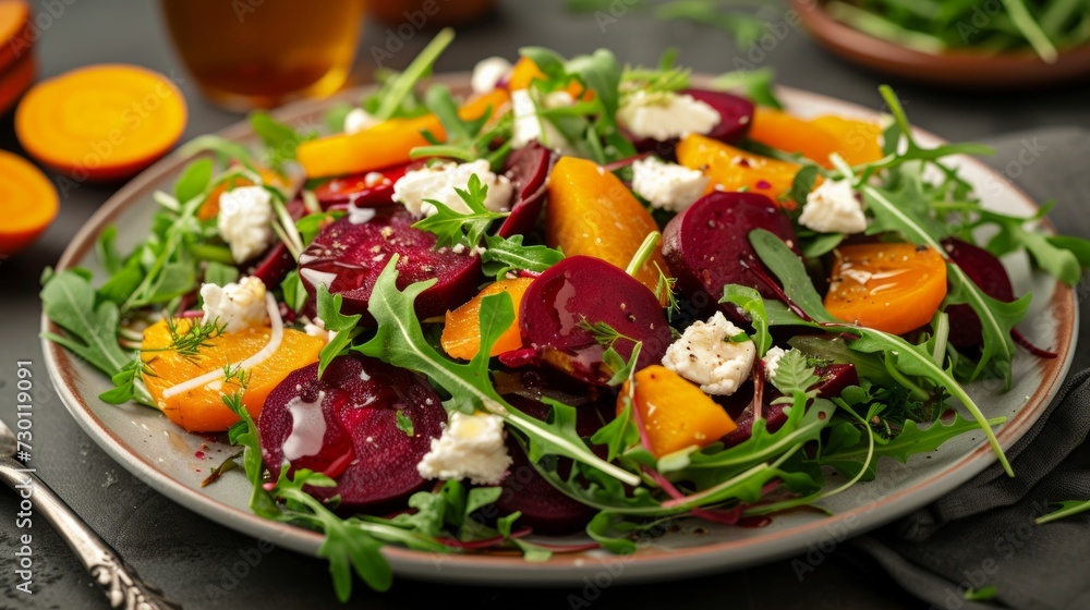 A colorful roasted beet salad with goat cheese, arugula, and a drizzle of honey A colorful roasted beet salad with goat cheese, arugula, and a drizzle of honey
