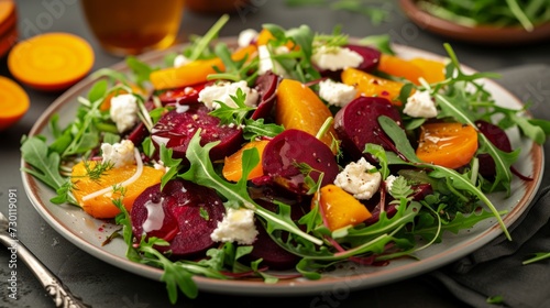 A colorful roasted beet salad with goat cheese, arugula, and a drizzle of honey