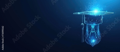 Futuristic smart education with bachelor cap and light bulb on blue background. AI generated image