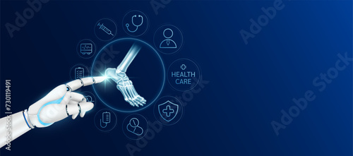 Doctor robot cyborg finger touching ankle joint bone with medical icons. Human organ virtual interface. Innovative technology in health care futuristic. Ads banner empty space for text. Vector.