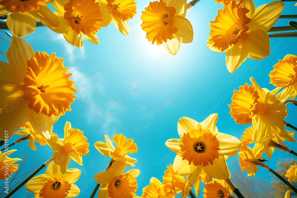 Bottom view of Yellow daffodil flower heads against sunny blue sky with space for text in the middle Spring greeting card
