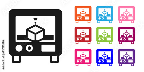Black 3D printer icon isolated on white background. 3d printing. Set icons colorful. Vector