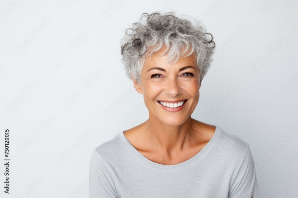 Portrait of a happy senior woman with grey hair smiling at the camera Portrait of a happy senior woman with grey hair smiling at the camera