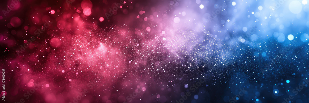 Naklejka premium red and blue white background with stars in dust, red blue glitter sparkle on dark background, circle bokeh, defocused, blue red space galaxy , nebula, cosmos banner poster background