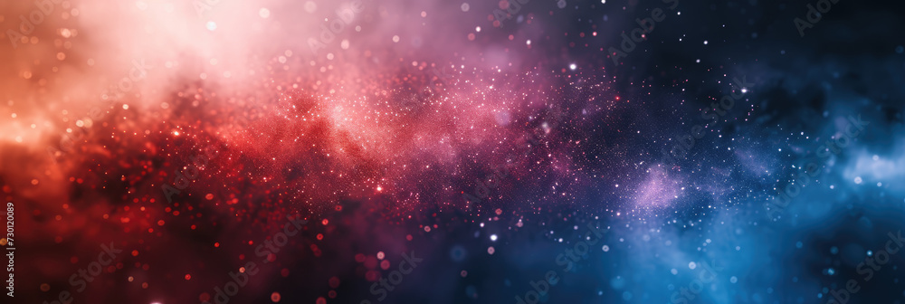 Naklejka premium red and blue white background with stars in dust, red blue glitter sparkle on dark background, circle bokeh, defocused, blue red space galaxy , nebula, cosmos banner poster background