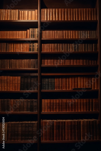 Bookshelf With Abundant Collection of Books in Dimly Lit Room. Generative AI.