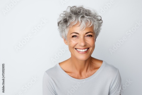 Portrait of a happy senior woman with grey hair smiling at the camera