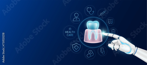 Innovative technology in health care futuristic. Doctor robot cyborg finger touching gum teeth with medical icons. Human organ virtual interface. Ads banner empty space for text. Vector.