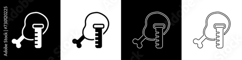 Set Genetically modified chicken icon isolated on black and white background. Syringe being injected to chicken. Vector
