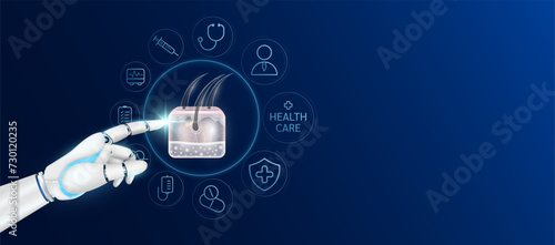 Doctor robot cyborg finger touching hair skin cell with medical icons. Human organ virtual interface. Innovative technology in health care futuristic. Ads banner empty space for text. Vector.