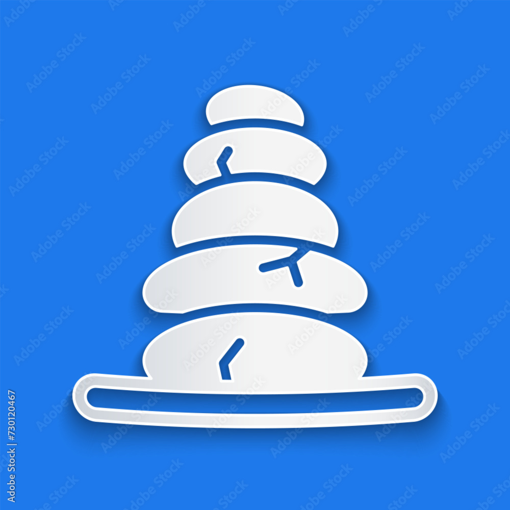 Paper cut Stack hot stones icon isolated on blue background. Spa salon accessory. Paper art style. Vector Paper cut Stack hot stones icon isolated on blue background. Spa salon accessory. Paper art style. Vector