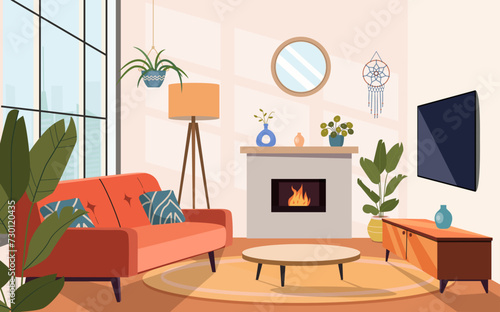 Living room interior. Comfortable sofa, window,  fireplace and house plants. Vector flat cartoon illustration