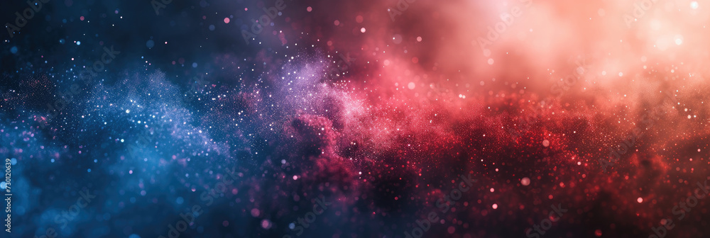 Naklejka premium red and blue white background with stars in dust, red blue glitter sparkle on dark background, circle bokeh, defocused, blue red space galaxy , nebula, cosmos banner poster background