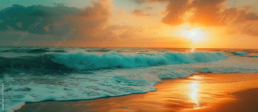Serenity of tropical beach landscape with calming waves, golden sunset, and peaceful vibes.