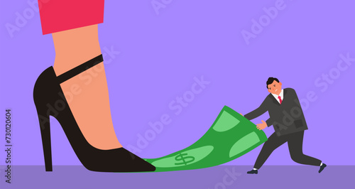 big woman foot step on money banknote wich  businessman pulling   vector illustration