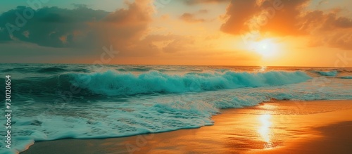 Serenity of tropical beach landscape with calming waves  golden sunset  and peaceful vibes.