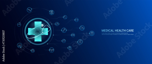 Stethoscope surround sign blue cross with human organ icons. On dark blue background. Banner for medical advertising. Health care concept. Vector illustration.