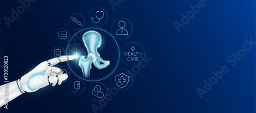 Doctor robot cyborg finger touching hip with medical icons. Human organ virtual interface. Innovative technology in health care futuristic. Ads banner empty space for text. Vector.