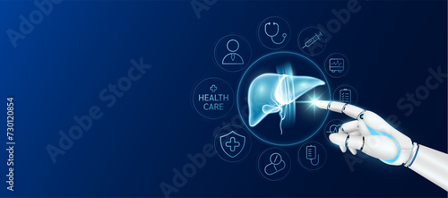 Innovative technology in health care futuristic. Doctor robot cyborg finger touching liver with medical icons. Human organ virtual interface. Ads banner empty space for text. Vector.