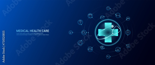 Stethoscope surround sign blue cross with human organ icons. Health care concept. Banner for medical advertising. On dark blue background. Vector illustration.